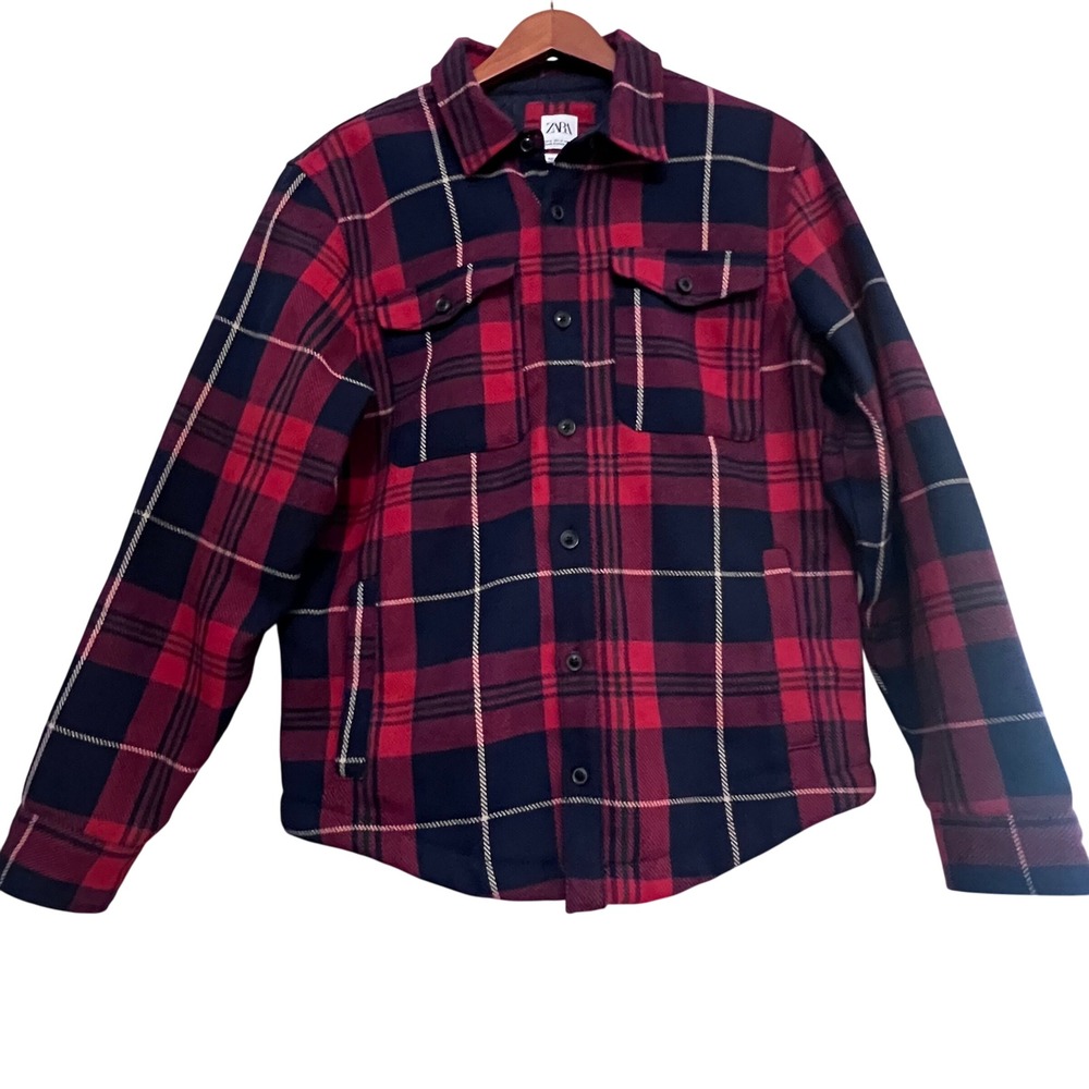 Zara‎ Men's Tartan Plaid quilted Lined Streetwear Shacket Red Navy Size M
